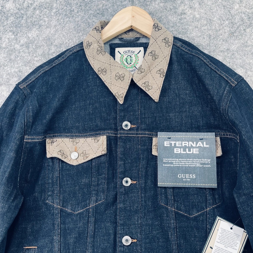 Guess Dillon Jacket Men XL Blue Eternal Denim Golf Monogram Collar Anti Fade NEW